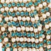 1 Yard SS6 White Pearl & Aquamarine Crystal Gold Base Metal Chain Rhinestone Banding